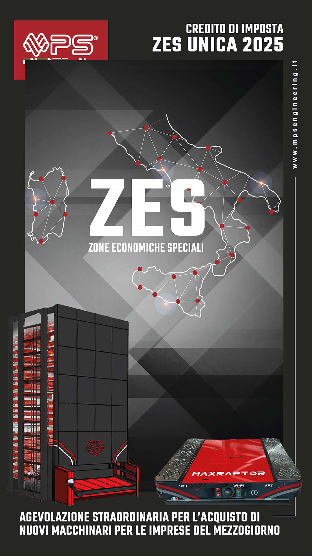 ZES UNICA 2025: scopri come ottenere fino al 70% di credito d’imposta per l’acquisto di macchinari, impianti e sistemi di automazione come magazzini automatici verticali o sistemi di stoccaggio intensivo per pallet. Un’opportunità unica per le aziende del Sud Italia che vogliono innovare e crescere. 